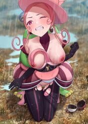 1boy 1girls battle_chatelaine breasts breasts_out censored clenched_teeth clothed_sex dana_(pokemon) dress earrings functionally_nude gloves high_heels kneeling long_tongue open_poke_ball outdoors poke_ball pokeball pokemon pokemon_xy pokephilia politoed rain raining rape red_eyes red_hair sex_from_behind shoichi_(artist) tongue torn_clothes torn_pantyhose wince