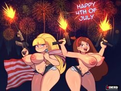 2girls 4th_of_july american_flag american_flag_print areolae big_breasts blonde_hair braces breasts brown_hair busty female female_only fireworks gravity_falls gun huge_breasts kenergi large_breasts looking_at_viewer mabel_pines nipples open_shorts pacifica_northwest shorts signature text thick_thighs topless weapon wide_hips