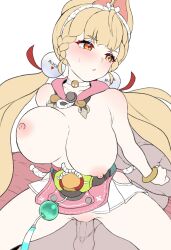 1boy 1girls :o alice_thymefield alice_thymefield_(sea_of_thyme) animal_ears blush bouncing_breasts braid breasts censored commentary_request daram_(shappydude) female heterochromia highres hip_vent huge_breasts long_hair low_twintails male mosaic_censoring nipples official_alternate_costume orange_eyes pussy reverse_cowgirl_position revision sex simple_background sphere_hair_ornament straddling straight sweatdrop swimsuit twintails unfinished vaginal_penetration white_background wip work_in_progress yellow_eyes zenless_zone_zero