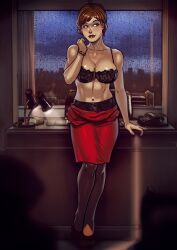 bra busty christina_hendricks desk desk_lamp ganassa joan_holloway large_breasts mad_men necklace office red_dress red_hair stockings striptease