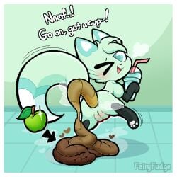 1:1 anus apple ass beverage blush border breath canid canine chikn_nuggit dialogue digital_media_(artwork) drinking_straw english_text fairyfudge feces female female_pooping feral food food_scat fox fruit green_apple heart_symbol hi_res holding_beverage holding_object hyper_feces hyper_scat leg_markings looking_at_viewer looking_back mammal markings on_one_leg one_eye_closed paws plant pooping_on_floor presenting presenting_hindquarters pussy quadruped question_mark raised_tail rear_view scat scatplay signature slushi_(chikn_nuggit) slushie smile socks_(marking) solo standing tail talking_to_viewer text vulva white_border