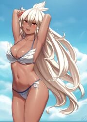 armpits arms_up bikini blonde_hair cleavage dark-skinned_female dark_skin female granblue_fantasy large_breasts long_hair lvl red_eyes solo standing zooey_(granblue_fantasy)