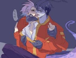 2boys antennae antennae_(anatomy) college four_arms frat_boy gay gay_male javier_rios kissing lizard_tail monster monster_boy monsters_inc monsters_university opened_shirt purple_eyes purple_hair randall_boggs tail tongue worried worried_expression
