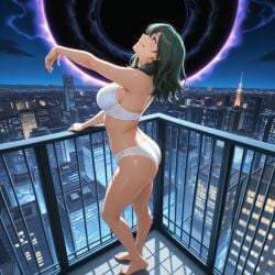 ai_generated anime ass ass balcony big_ass big_breasts black_eyes black_hole boku_no_hero_academia breasts city cityscape curvy_figure green_hair isogil my_hero_academia night night_sky setsuna_tokage sharp_teeth skyscraper starry_sky tokage_setsuna underwear white_bra white_panties white_underwear