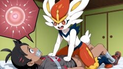 ai_generated cinderace cowgirl_position cowgirl_position girl_on_boy goh_(pokemon) impregnation pokemon pokemon_(species) rape reverse_rape tape_bondage tape_gag