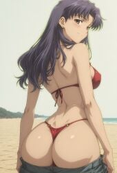ai_generated bangs bare_shoulders beach black_lingerie blush breasts female female_only long_hair looking_at_viewer misato_katsuragi necklace neon_genesis_evangelion parted_bangs pendant purple_hair sand smile solo swimsuit swimwear