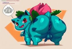 2025 ai_generated animal_genitalia anus ass backsack balls big_balls big_butt blue_body bodily_fluids dialogue elemental_creature english_text fangs feral flora_fauna flower foreskin generation_1_pokemon genital_fluids genitals green_body hellsonger hi_res ivysaur leaf looking_at_viewer looking_back male nintendo open_mouth penis perineum plant pokemon pokemon_(species) precum presenting presenting_anus presenting_hindquarters puffy_anus quadruped red_eyes simple_background smile solo speech_bubble sweat sweaty_balls sweaty_butt sweaty_genitalia talking_to_viewer text thick_thighs tongue
