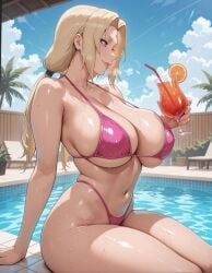 1girls ai_generated alex-schura arm_support bangs bare_shoulders beach bikini blonde_hair blue_sky blush breasts brown_eyes clavicle cleavage closed_mouth clothing cloud collarbone cup curvaceous curvaceous_female curvaceous_figure curvy curvy_figure day drink drinking_glass drinking_straw earrings exhibitionism facial_mark female female female_focus female_only food forehead_mark fruit halterneck highleg holding holding_cup huge_breasts indoors inviting inviting_to_sex jewelry large_breasts lips long_hair low_twintails mature mature_female naruto naruto_(series) naruto_shippuden navel ocean orange_(fruit) orange_slice outdoor_nudity outdoors outside palm_tree parted_bangs partially_submerged pink_bikini pink_swimsuit pool poolside presenting presenting_ass presenting_breasts presenting_hindquarters presenting_self seductive seductive_look seductive_smile shiny_skin sideboob sitting skindentation sky smile solo stomach strap_gap string_bikini sunlight sweat swimsuit thick_thighs thighs tree tsunade tsunade_(naruto) twintails voluptuous voluptuous_female water wet wide_hips