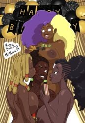 abigail_owens_(superscrub) african_female african_male big_breasts birthday birthday_party daredemon7000 dark-skinned_female dark-skinned_male dark_skin ddemon7000 dreadlocks green_eyes locs michelle_parker_(mrpersona93) nicole_harris_(mrpersona93) tremayne_davis_(mrpersona93)