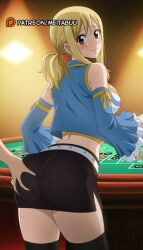 1boy 1other ai_generated ambiguous_gender ass ass_grab belt black_skirt black_thighhighs blonde_hair blush breasts brown_eyes closed_mouth crop_top detached_sleeves fairy_tail female from_behind grabbing_another's_ass grabbing_own_ass groping indoors large_breasts long_hair looking_at_viewer looking_back lucy_heartfilia male meitabuu midriff miniskirt pencil_skirt ponytail skirt smile solo_focus straight sweat table thighhighs