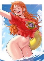;d bangs blue_sky blurry blush bottomless breasts covered_nipples depth_of_field earrings female jewelry large_breasts long_hair looking_at_viewer nami_(one_piece) navel one_eye_closed open_mouth orange_eyes orange_hair outdoors pussy shirt sky smile solo standing tagme wading water