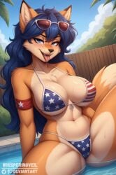 1girls ai_generated american_flag_bikini anthro big_breasts bikini blue_eyes blue_hair blue_sky blush breasts brown_tipped_ears carmelita_fox chest_tuft clouds deviantart ears female fox fox_girl furry long_hair looking_at_viewer open_mouth orange_body orange_fur palm_leaf pool seductive seductive_pose sitting_in_water sly_cooper_(series) sony_interactive_entertainment spread_legs sunglasses sunglasses_on_head tail tan_fur thick_thighs tongue_out two-piece_swimsuit two_tone_body two_tone_fur wet_body whisperingveil
