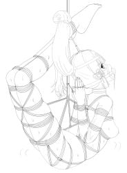 1girls arched_back arms_behind_back ball_gag bondage bound bound_arms bound_fingers bound_hands bound_thumbs bound_wrists female female_only femsub gag gagged harness_gag line_art reverse_prayer rope simple_background solo suspended suspension suspension_bondage thumbs_tied white_background