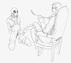 2boys bondage collar corset crossdressing domination elbow_gloves erection gas_mask gay glasses gloves harness high_heels kneeling krevetron male male_focus male_only medic medic_(team_fortress_2) monochrome multiple_males outline penis pyro riding_crop team_fortress_2 whip yaoi