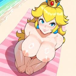 ai_generated blonde_hair blue_earrings blue_eyes breasts crowai crown female looking_at_viewer naked nipples nude princess_peach super_mario_bros. sweat thighs