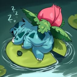 2025 3_toes ai_generated ambiguous_gender claws closed_eyes feral flower generation_1_pokemon hellsonger hi_res ivysaur leaf lily_pad lying nintendo partially_submerged plant pokemon pokemon_(species) relaxing sleeping smile solo vowelless vowelless_sound_effect water zzz