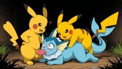 1boys 1futa 2girls ai_generated crying eeveelution female feral_on_feral futanari intersex male oral_penetration penis pikachu pokemon pokemon_(species) pussy rape scared spitroast sucking_penis vaginal_penetration vaporeon