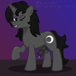 1:1 bodily_fluids equid equine erection friendship_is_magic genital_fluids genitals gradient_background hasbro hooves horn horse looking_at_viewer male mammal my_little_pony mythological_creature mythological_equine mythology one_eye_closed penis pony precum raised_hoof rugalack_moonstar_(oc) simple_background solo unicorn wasisi wink winking_at_viewer