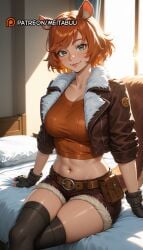 abs ai_generated animal_ear_fluff animal_ears artist_name bed belt belt_buckle belt_pouch black_gloves black_thighhighs breasts brown_belt brown_hair brown_jacket brown_shorts closed_mouth collarbone crop_top cropped_jacket crossed_legs female fingerless_gloves fur-trimmed_jacket fur-trimmed_shorts fur_trim gloves green_eyes indoors jacket large_breasts lips looking_at_viewer marvel marvel_comics marvel_rivals meitabuu midriff navel on_bed open_clothes open_jacket orange_hair orange_shirt patreon_username pillow pouch shirt short_hair short_shorts shorts sitting smile solo squirrel_ears squirrel_girl squirrel_girl_(marvel) squirrel_girl_(marvel_rivals) squirrel_tail stomach tail thighhighs thighs window