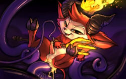 2018 absurdres anal anal_sex anthro carrot_(artist) crown cum devil_costume furry glowing glowing_cum half-closed_eyes highres hooves horn league_of_legends little_devil_teemo male mammal melee_weapon open_mouth penis polearm riot_games solo tapering_penis teemo tentacle tentacle_sex testicles trident unusual_cum urethral urethral_insertion urethral_penetration weapon yellow_eyes yordle