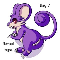 2018 ass female feral fur furry furry_only generation_1_pokemon looking_at_viewer looking_back mammal nintendo nude nulloffset open_mouth pokemon pokemon_(species) presenting presenting_hindquarters presenting_pussy purple_fur pussy rattata red_eyes rodent simple_background solo tail teeth text tongue video_games white_background