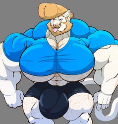 abs anthro beard big_bulge body_hair bulge chest_hair clothing facial_hair feline huge_muscles huge_pecs male male_only mammal moustache muscular muscular_male nipples siriusdog smile solo tight_clothing tongue tongue_out