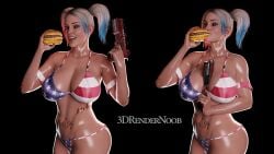 1girls 3drendernoob 4th_of_july american_flag_bikini blender_(software) blue_eyes burger busty_female curvy_figure dc_comics harley_quinn oily_skin pistol tattoo