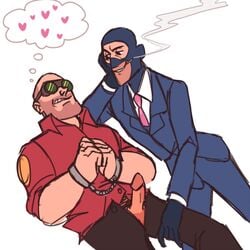 2boys engineer engineer_(team_fortress_2) ericm handcuffed handcuffs male male_only multiple_boys penis spy spy_(team_fortress_2) team_fortress_2 teasing yaoi