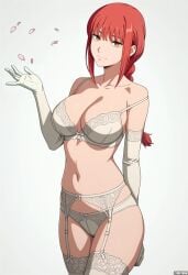 1girls ai_generated bangs bare_shoulders blush bra braid braided_ponytail breasts chainsaw_man cleavage closed_mouth collarbone female garter_belt huge_breasts lingerie long_hair looking_at_viewer makima_(chainsaw_man) navel orange_eyes panties red_hair ringed_eyes self_upload sidelocks sitting smile solo thick_thighs thighhighs thighs underwear underwear_only white_bra white_panties yellow_eyes