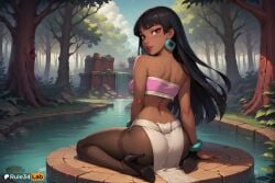 1girls ai_generated ass back bandeau bare_shoulders black_footwear black_hair blunt_bangs bracelet breasts brown_eyes chel chel_(the_road_to_el_dorado) cloud crop_top dark-skinned_female dark_skin day dreamworks earrings from_behind full_body hi_res high_heels jewelry lips loincloth long_hair looking_at_viewer looking_back medium_breasts midriff nature outdoors pantyhose parted_lips patreon_logo patreon_username pelvic_curtain rule34lab sitting sky solo strapless the_road_to_el_dorado thighband_pantyhose tree tube_top wariza water