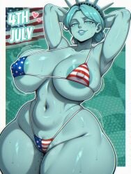 4th_of_july american_flag_bikini areola areola_slip big_ass big_breasts big_nipples bikini bikini_top blue_eyes bottom_heavy crown el_memc english_text female female_focus female_only hands_behind_head large_breasts lipstick looking_at_viewer looking_down micro_bikini posing posing_for_the_viewer simple_background solo solo_female solo_focus statue_of_liberty sweat sweatdrop sweating sweaty sweaty_body text thick_thighs thunder_thighs tight_clothing voluptuous voluptuous_female wet_pussy wide_hips