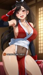 :d ai_generated armpits bare_shoulders black_hair blush breasts cleavage collarbone covered_navel detached_sleeves elbow_gloves female final_fantasy final_fantasy_vii final_fantasy_vii_remake fingerless_gloves gloves high_ponytail indoors japanese_clothes large_breasts long_hair looking_at_viewer meitabuu navel ninja open_mouth pelvic_curtain ponytail red_eyes red_gloves revealing_clothes salute sash see-through shiranui_mai sideboob smile solo teeth thighs tifa_lockhart upper_teeth_only