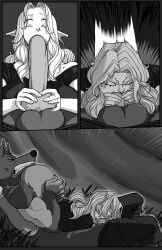 absurd_res anthro anthro_penetrating anthro_penetrating_humanoid balls big_penis bodily_fluids bulge canid canine cheek_tuft clothing comic dialogue drooling duo elf english_text erection facial_scar facial_tuft fellatio female female_penetrated foreskin genitals grass greyscale hi_res huge_cock humanoid humanoid_on_anthro humanoid_penetrated humanoid_pointy_ears inside junker_draws knot knotted_penis male male/female male_penetrating male_penetrating_female mammal monochrome muscular muscular_female muscular_male mythological_canine mythological_creature mythology oral oral_penetration penetration penile penis plant pointy_ears saliva scar sex sitting_on_another smile speech_bubble text tuft werecanid werecanine werecreature werewolf