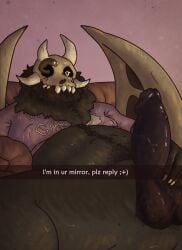 anthro ass belly belly_hair big_beard big_butt body_hair bone bottomless clothed clothing demon disney erection furniture genitals glistening glistening_genitalia glistening_penis hand_on_penis happy_trail hi_res horn looking_at_viewer male mature_male nervous nipple_outline nude ogling olivepup_00 on_sofa overweight overweight_male papa_titan_(the_owl_house) parasite penis presenting presenting_penis selfie shirt shirt_only skull skull_head snapchat sofa solo staring_at_penis text text_on_clothing text_on_shirt text_on_topwear the_owl_house titan_(the_owl_house) topwear topwear_only wide_eyed wings