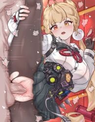 1boy :o absurdres alice_thymefield animal_ears black_skirt blonde_hair blush breasts commentary_request daram_(shappydude) female fingerless_gloves gloves hand_on_own_leg heterochromia highres indoors korean_commentary large_breasts large_variant_set long_hair male orange_eyes pantyhose penis pleated_skirt pussy red_eyes sex shirt skirt sphere_hair_ornament split standing standing_on_one_leg standing_sex standing_split straight sweat torn_clothes torn_pantyhose uncensored vaginal_penetration variant_set white_shirt zenless_zone_zero