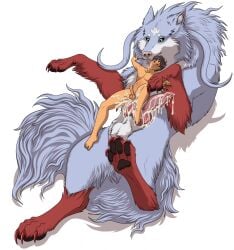 after_anal after_sex anal animal_genitalia animal_penis anthro balls bodily_fluids campfire_cooking_in_another_world_with_my_absurd_skill canid canine canine_genitalia canine_penis canis cum cum_on_leg cum_on_penis cum_on_thigh_highs dominant dominant_feral dominant_male duo erection fel_(fenrir) feral feralcatalyst genital_fluids genitals hi_res human human_on_feral humanoid_genitalia humanoid_penis interspecies knot knotted_penis licking male male/male mammal mawplay mukouda_tsuyoshi paws penetration penis saliva saliva_string sheath size_difference stomach_bulge submissive submissive_human submissive_male tongue wolf zoophilia