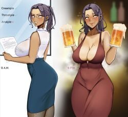 1girls beer beer_mug big_breasts breasts cleavage clothed clothing dress drunk earrings english_text female female_only glasses heart hi_res large_breasts long_hair mature mature_female mature_woman milf original ponytail solo solo_female suo68 text thick_thighs wide_hips
