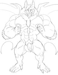 anthro bat flaccid greyscale humanoid_penis looking_at_viewer male male_only mammal monochrome muscular muscular_male nipple_pinch nude pecs penis pinch pubes siriusdog solo standing uncut vein