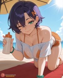 1girls ai_generated all_fours alternate_breast_size barefoot beach belle_(summer_skies)_(zenless_zone_zero) belle_(zenless_zone_zero) big_breasts blue_hair cleavage clothed clothing collarbone female female_focus female_only green_eyes highres large_breasts light-skinned_female light_skin looking_at_viewer nugoai official_alternate_costume one_eye_closed orange_shorts sand see-through see-through_clothing short_hair shorts swimwear wink winking_at_viewer zenless_zone_zero