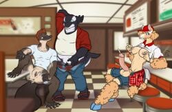 absurd_res alpaca anthro big_penis black_body black_skin blue_eyes bottomless bottomwear bottomwear_down brown_body brown_fur camelid cetacean cigarette cigarette_in_nipple cigarette_in_urethra clothed clothing container cuntboy cup diner dolphin drinking_straw feet flip_flops footwear fur futanari genitals hanazawa hat headgear headwear hi_res hooves intersex mammal marine membrane_(anatomy) monotreme oceanic_dolphin orca pants pants_down partially_clothed penis platypus public public_nudity restaurant sandals shoes smoking tan_body tan_fur toes toothed_whale vaping webbed_feet webbed_hands what