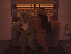 alligator alligatorid anthro beard biceps bodily_fluids body_hair boxer_briefs chest_hair chest_tuft clothing crocodile crocodilian duo elephant elephantid erection erection_under_clothing facial_hair flirting furniture hi_res male male/male mamayong_(artist) mammal musclegut muscular on_sofa proboscidean reptile scalie shirt sitting sitting_on_another sitting_on_sofa sofa sunset sweat sweatdrop sweaty_clothing sweaty_legs sweaty_shirt sweaty_thighs sweaty_topwear tank_top tattoo thick_thighs topwear tuft underwear window
