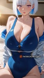 ai_generated arm_support bare_shoulders blue_hair blue_one-piece_swimsuit blush breasts cleavage collarbone colored_inner_hair covered_navel cropped_jacket cyberpunk:_edgerunners cyberpunk_2077 female groin hair_behind_ear huge_breasts indoors jacket jacket_partially_removed large_breasts long_sleeves looking_at_viewer lucyna_kushinada makeup meitabuu multicolored_eyes multicolored_hair off_shoulder on_bed one-piece_swimsuit open_clothes open_jacket parted_lips partially_unzipped pillow pink_eyes red_eyes red_lips short_hair sideboob sitting solo sweat swimsuit swimsuit_under_clothes thighs white_hair white_jacket