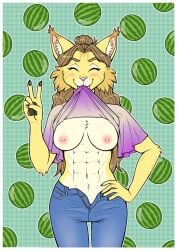 abs anthro border breasts clothing felid feline female food fruit innuendo lynx mammal melon muscular muscular_female plant solo spoonful-of-jam suggestive watermelon white_border
