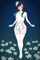 1boy ai_generated black_hair blush crop_top diaper diaper_fetish embarrassed exhibitionism femboy field genshin_impact gradient_hair green_eyes green_hair male night outdoors panicking solo surprised thigh_highs venti_(genshin_impact) wide_hips