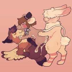 bunny closed_eyes cream_fur cum feral4feral feral_on_feral feral_only light_brown_fur lynx mouse no_humans nonbinary nonbinary_(lore) orange_fur plain_background polyamory red_fur sex sex_from_behind smile threesome tongue_out triad white_fur winged_cat winged_feline winged_lynx