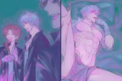 3boys alternate_costume bandages big_penis blood bulge delinquent erection_under_clothes gakuran gay gintama gintoki_sakata imminent_sex kamui_(gintama) leg_grab looking_at_viewer male male_only multiple_images muscular muscular_male on_back open_shirt pecs pov restricted_palette s_stberry sakamoto_tatsuma school_uniform solo_focus tenting underwear white_hair yaoi