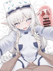 1boy bar_censor blue_archive blush bodysuit breasts censored clothed_sex covered_navel cowboy_shot cowgirl_position cropped_jacket cross_section cum cum_in_pussy dark-skinned_male dark_skin ejaculation female furrowed_brow hair_tubes head-mounted_display heart heart_in_eye highres himari_(armed)_(blue_archive) himari_(blue_archive) internal_cumshot jacket looking_at_viewer low_twintails mole mole_under_eye official_alternate_costume open_mouth outstretched_arms penis pointy_ears pov rainbow_gorein rainbow_goreinu simple_background small_breasts smile solo_focus straddling straight sweat symbol_in_eye torn_bodysuit torn_clothes twintails uterus vaginal_penetration very_long_hair white_background white_bodysuit white_hair white_jacket