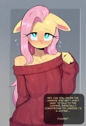 2025 ai_generated anthro anthrofied baggy_clothing blush clothed clothing dialogue english_text equid equine female fluttershy_(mlp) friendship_is_magic fur girly hair hasbro hellsonger hi_res long_hair looking_at_viewer mammal my_little_pony pink_hair shy simple_background solo sweat sweater text topwear