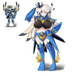 armor big_breasts blue_eyes huge_breasts huge_thighs long_hair navel smile the_battle_cats thighs twintails white_background white_hair wink