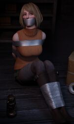 1girls 3d 3d_(artwork) arms_behind_back ashley_graham ashley_graham_(ella_freya) bondage bondage boots bound breasts capcom ella_freya female female female_focus female_only femsub gag gagged legs_up light-skinned_female light_skin lord_kamski resident_evil resident_evil_4 resident_evil_4_remake restrained skirt solo solo_female solo_focus tape tape_bondage tape_gag taped_mouth